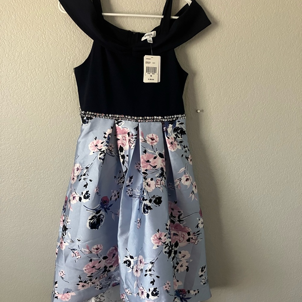 Girl’s size 16 Speechless Hi-Low dress with rhinestone detail. Navy. NWT